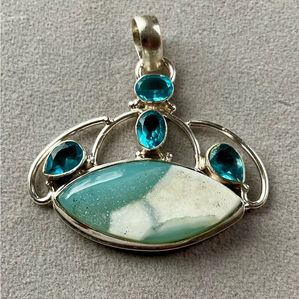 Sterling Silver Pendant W/Druzy Stone & Topaz Rhinestones